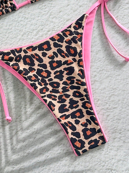 Women's New Sexy & Elegant Beach Resort Bikini Set, Leopard Print 2 Pieces Backless Swimwear, Summer Vacation Pink