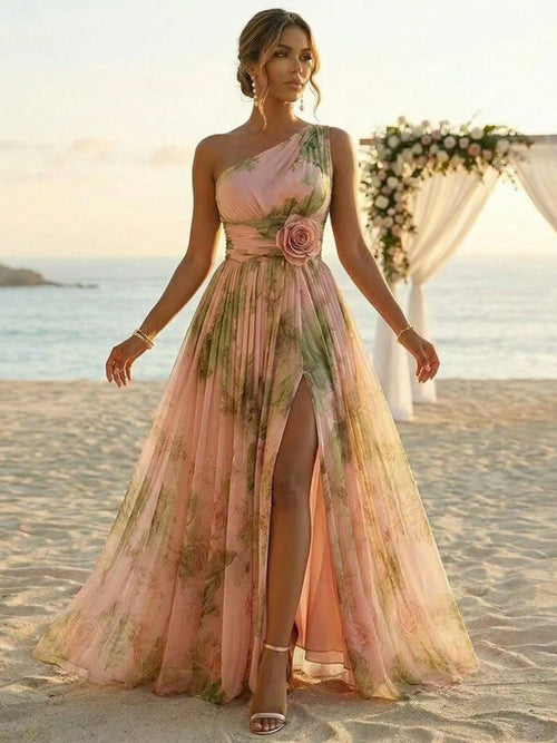 Women's One Shoulder Floral Print 3D Flower Ruched Waist Slit Chiffon Maxi Dress Beach Brunch Wedding Coastal Daily Vacation French Elegant Outfit