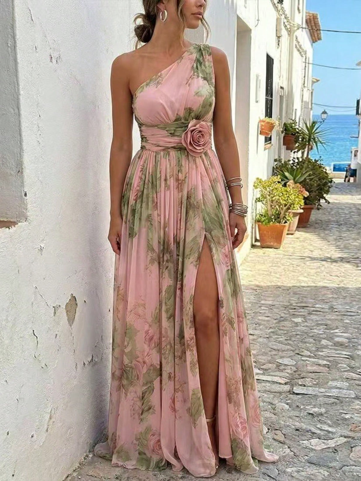 Women's One Shoulder Floral Print 3D Flower Ruched Waist Slit Chiffon Maxi Dress Beach Brunch Wedding Coastal Daily Vacation French Elegant Outfit