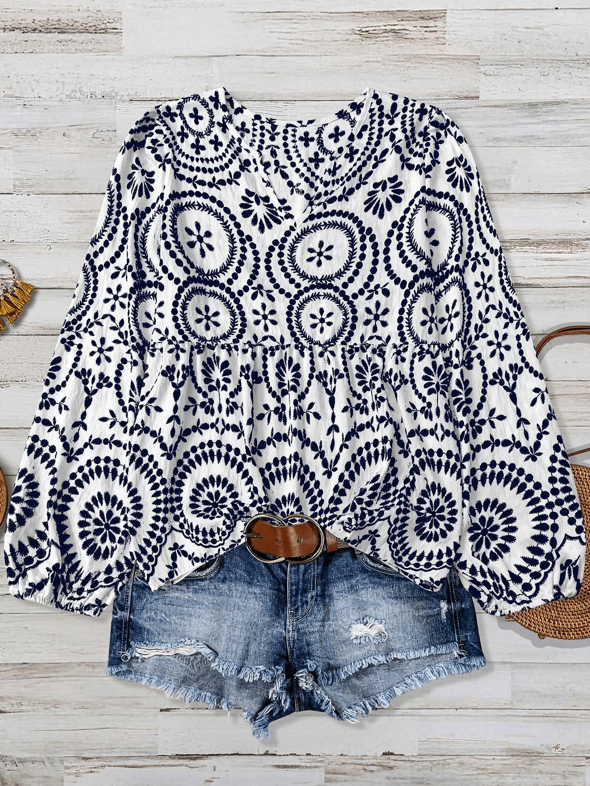 Women's Plus Size Casual Comfortable Bamboo Joint Print Patchwork Long Sleeve Shirt Blouse, Summer Autumn Country Vacation Beach Basic Elegant Top