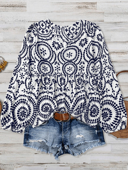 Women's Plus Size Casual Comfortable Bamboo Joint Print Patchwork Long Sleeve Shirt Blouse, Summer Autumn Country Vacation Beach Basic Elegant Top
