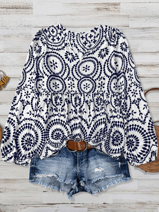 Women's Plus Size Casual Comfortable Bamboo Joint Print Patchwork Long Sleeve Shirt Blouse, Summer Autumn Country Vacation Beach Basic Elegant Top