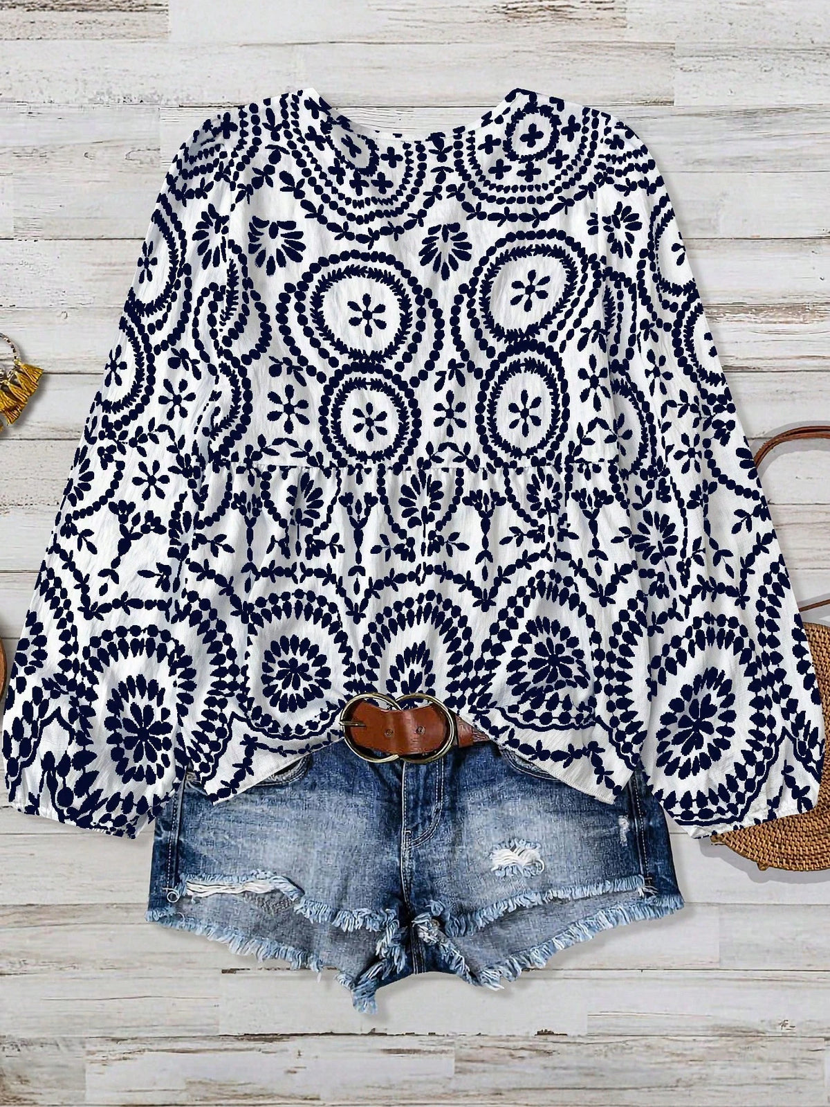 Women's Plus Size Casual Comfortable Bamboo Joint Print Patchwork Long Sleeve Shirt Blouse, Summer Autumn Country Vacation Beach Basic Elegant Top