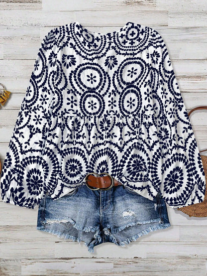 Women's Plus Size Casual Comfortable Bamboo Joint Print Patchwork Long Sleeve Shirt Blouse, Summer Autumn Country Vacation Beach Basic Elegant Top