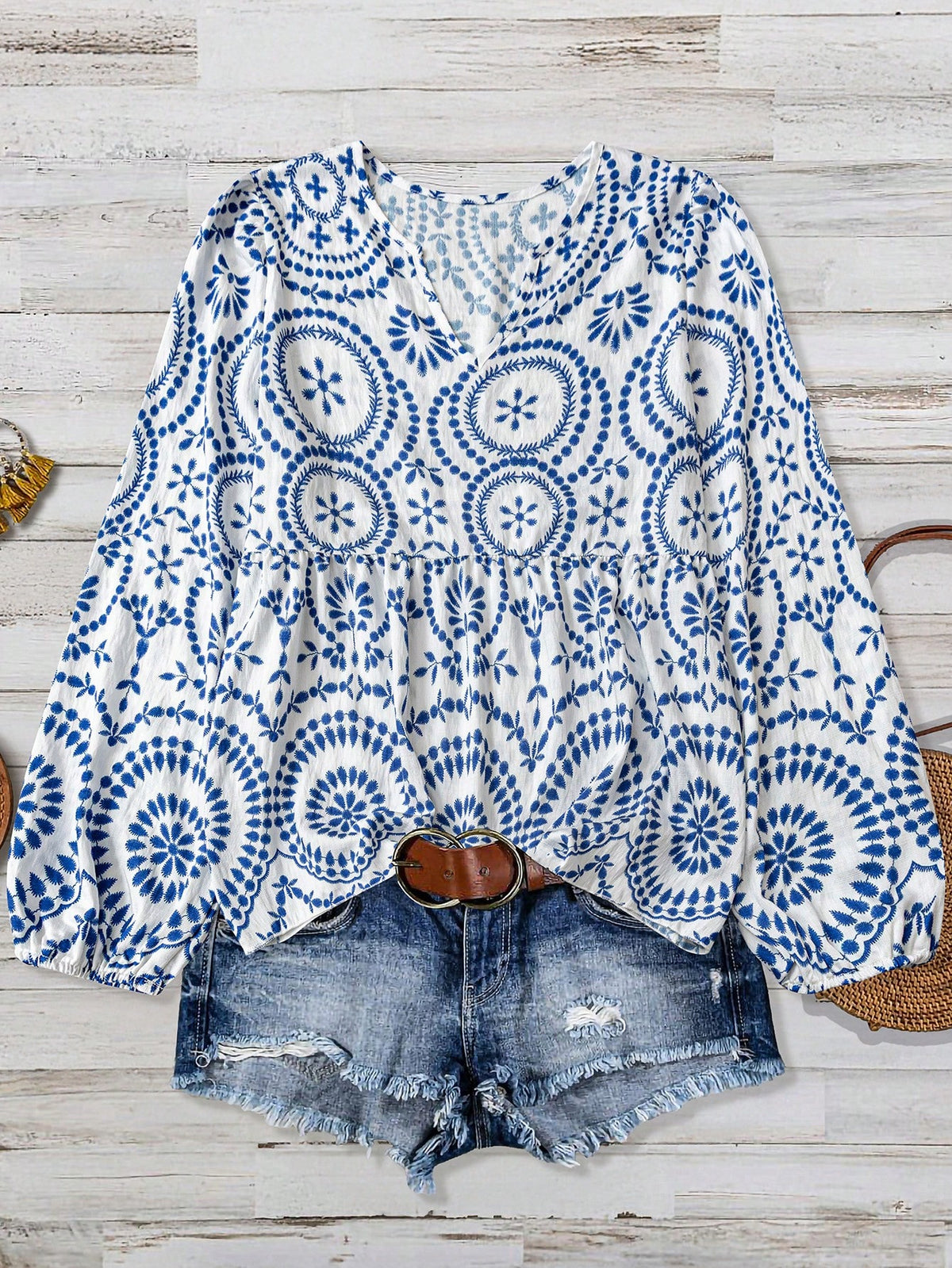Women's Plus Size Casual Comfortable Bamboo Joint Print Patchwork Long Sleeve Shirt Blouse, Summer Autumn Country Vacation Beach Basic Elegant Top