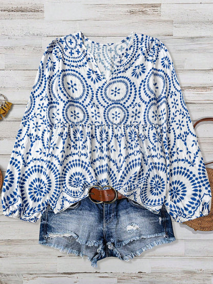 Women's Plus Size Casual Comfortable Bamboo Joint Print Patchwork Long Sleeve Shirt Blouse, Summer Autumn Country Vacation Beach Basic Elegant Top