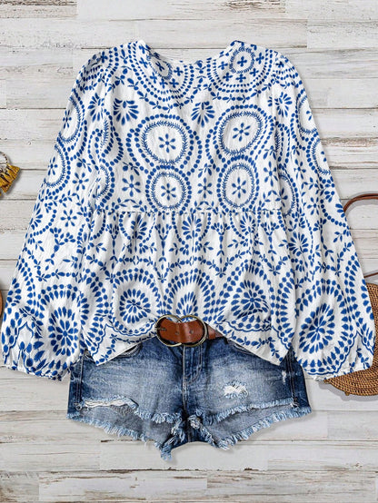 Women's Plus Size Casual Comfortable Bamboo Joint Print Patchwork Long Sleeve Shirt Blouse, Summer Autumn Country Vacation Beach Basic Elegant Top