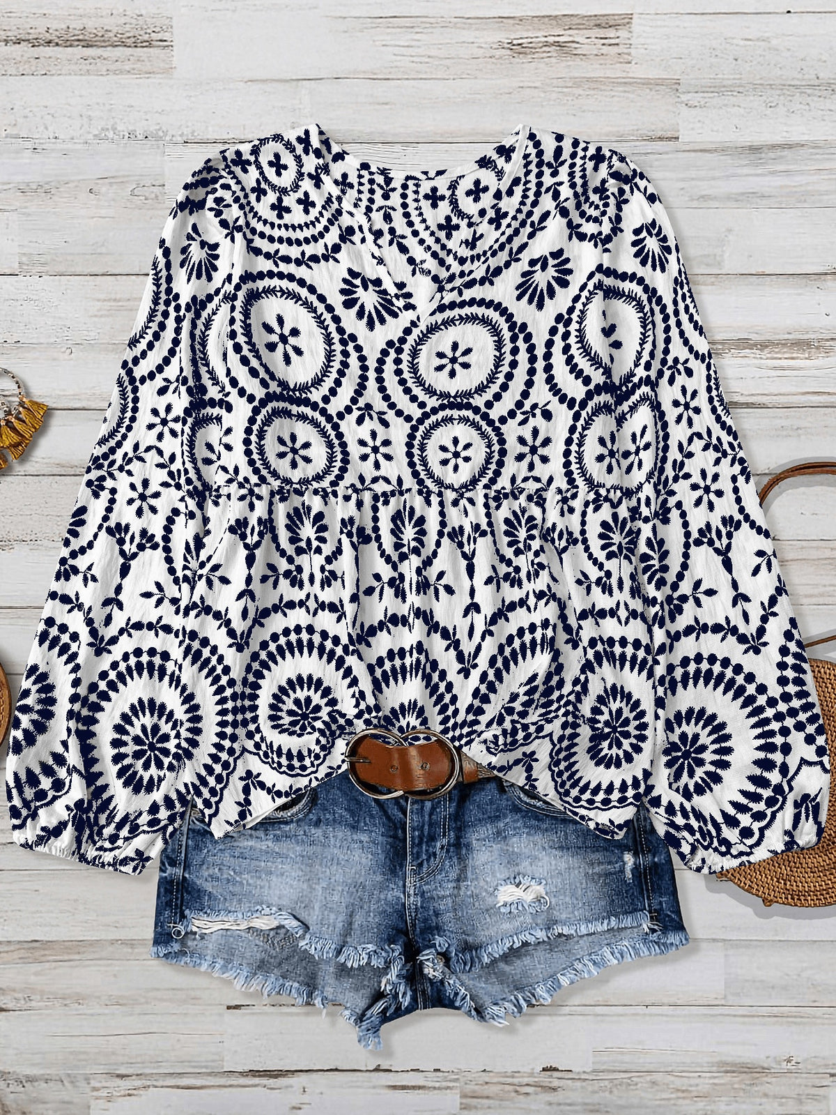 Women's Plus Size Casual Comfortable Bamboo Joint Print Patchwork Long Sleeve Shirt Blouse, Summer Autumn Country Vacation Beach Basic Elegant Top