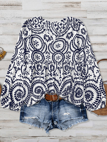 Women's Plus Size Casual Comfortable Bamboo Joint Print Patchwork Long Sleeve Shirt Blouse, Summer Autumn Country Vacation Beach Basic Elegant Top