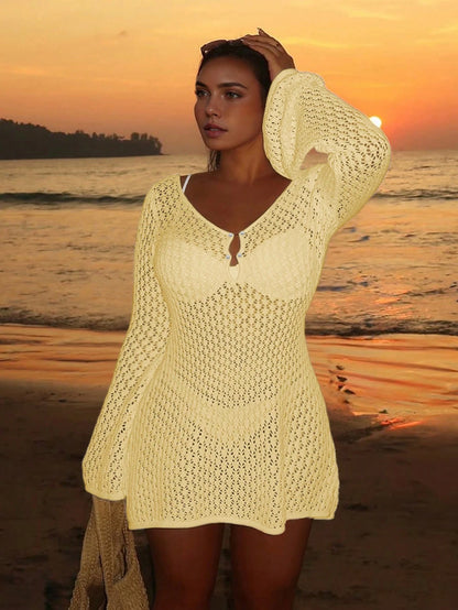 Women's Plus Size Long Sleeve Hollow Crochet Cover-Up, Elegant Bohemian Beach Vacation Style, Summer Holiday Wear Yellow