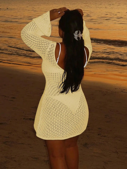 Women's Plus Size Long Sleeve Hollow Crochet Cover-Up, Elegant Bohemian Beach Vacation Style, Summer Holiday Wear Yellow