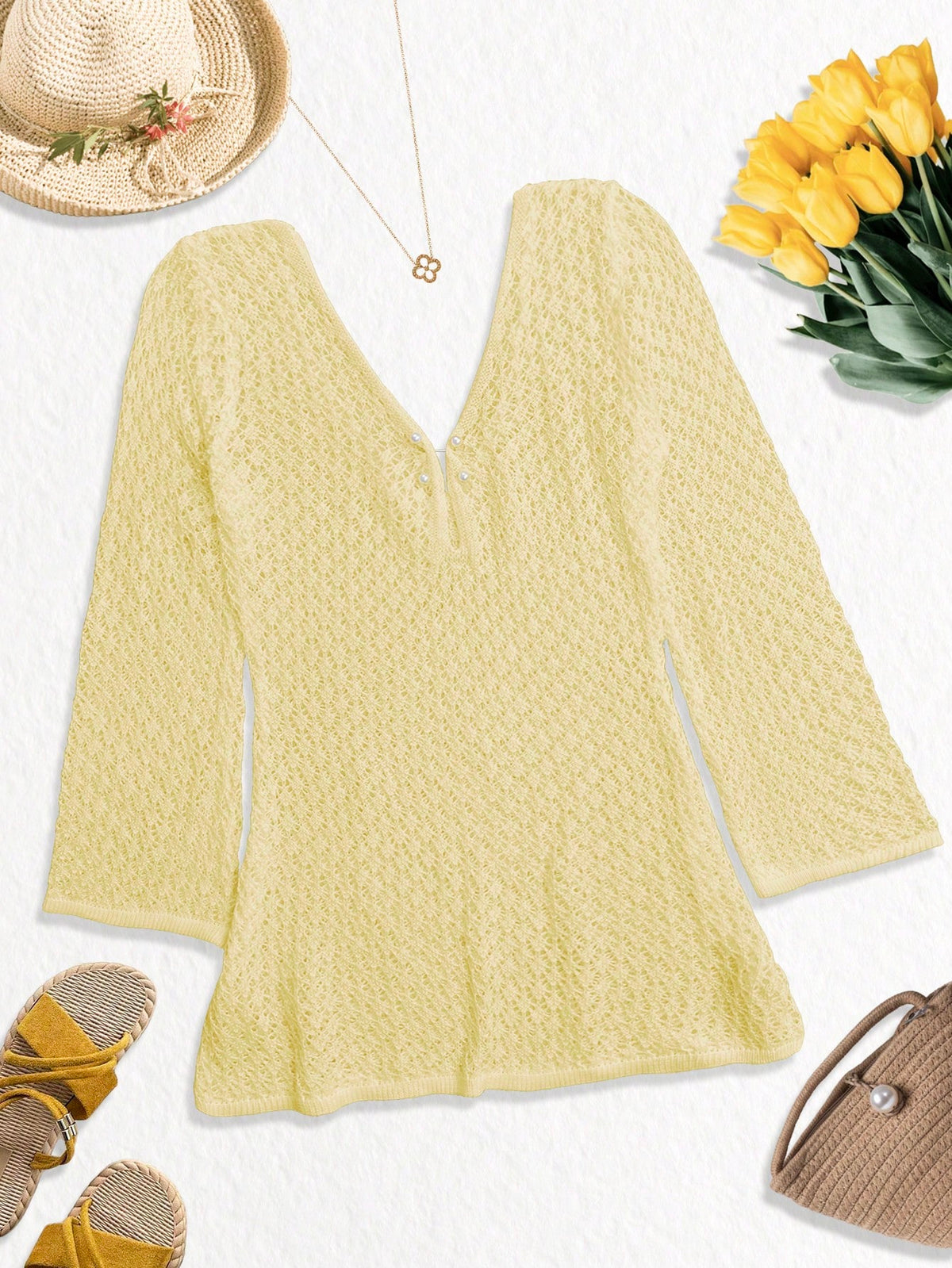 Women's Plus Size Long Sleeve Hollow Crochet Cover-Up, Elegant Bohemian Beach Vacation Style, Summer Holiday Wear Yellow