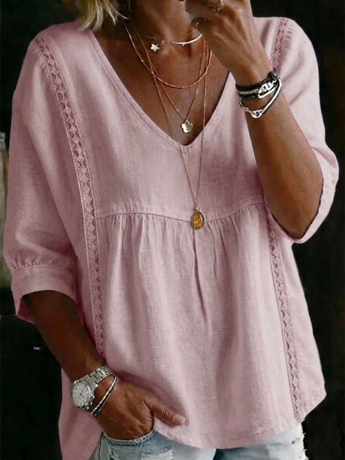 Women's Plus Size White V-Neck Short Sleeve Top, Lace Trim, Woven Fabric Regular Fit Casual Blouse Pink Summer