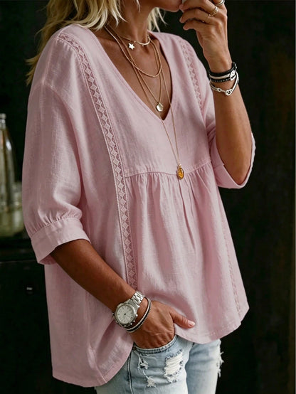 Women's Plus Size White V-Neck Short Sleeve Top, Lace Trim, Woven Fabric Regular Fit Casual Blouse Pink Summer