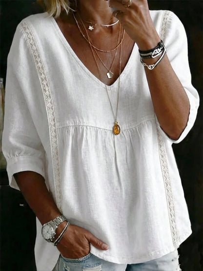 Women's Plus Size White V-Neck Short Sleeve Top, Lace Trim, Woven Fabric Regular Fit Casual Blouse Pink Summer