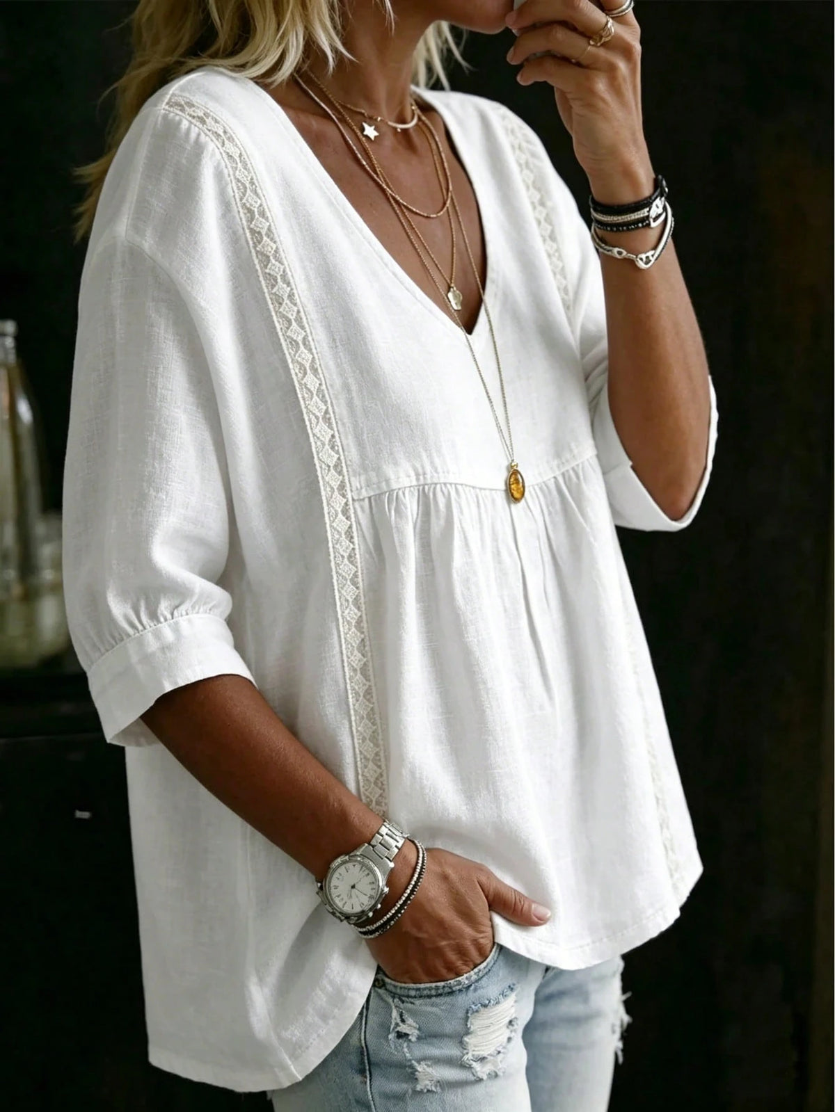 Women's Plus Size White V-Neck Short Sleeve Top, Lace Trim, Woven Fabric Regular Fit Casual Blouse Pink Summer