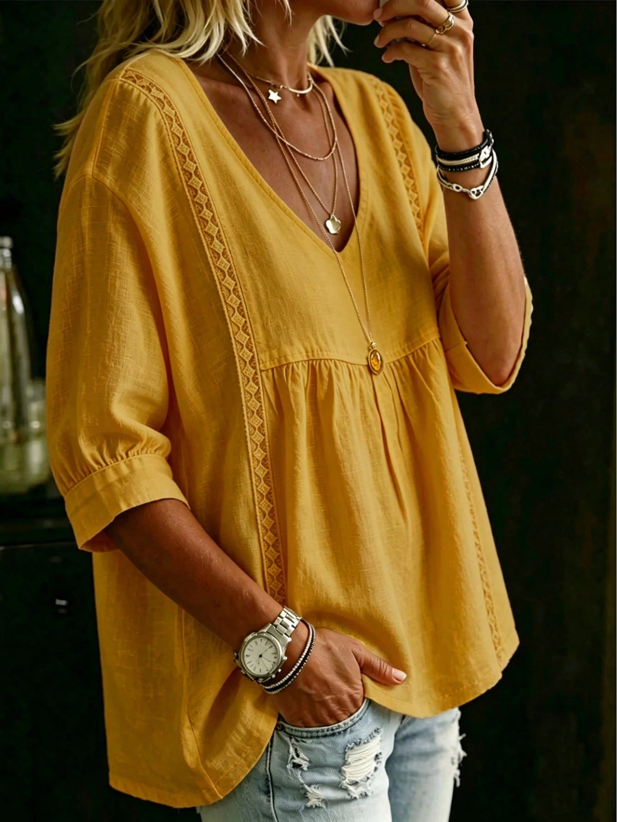 Women's Plus Size White V-Neck Short Sleeve Top, Lace Trim, Woven Fabric Regular Fit Casual Blouse Pink Summer