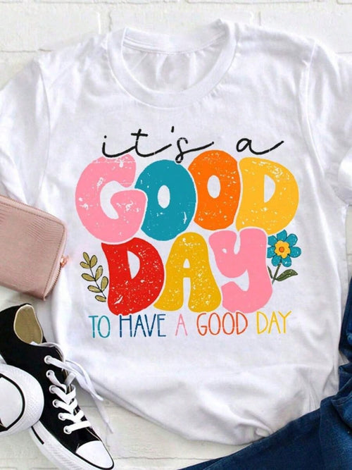 Women'S Positive Affirmation T-Shirt| "It'S A Good Day To Have A Good Day" With Colorful Lettering And Floral Accents, Navy Blue Relaxed Fit, Soft Everyday Tee, Machine Washable, Casual Top For Spr