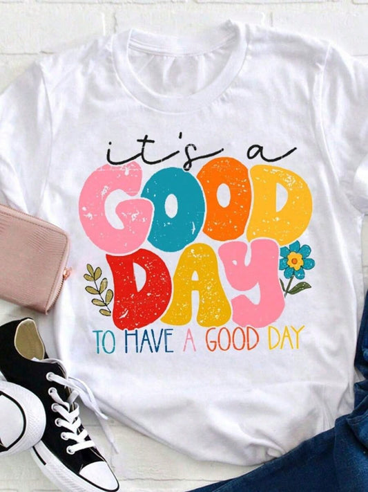 Women'S Positive Affirmation T-Shirt| "It'S A Good Day To Have A Good Day" With Colorful Lettering And Floral Accents, Navy Blue Relaxed Fit, Soft Everyday Tee, Machine Washable, Casual Top For Spr