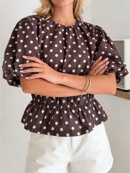 Women's Puff Sleeve Tops Fashionable Dot Print Round Neck Cinched Waist Blouse For Casual Daily Wear
