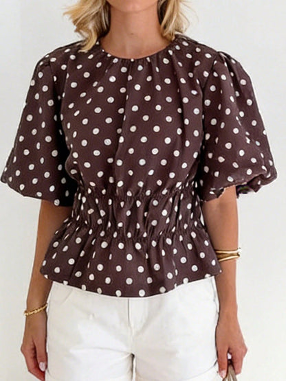 Women's Puff Sleeve Tops Fashionable Dot Print Round Neck Cinched Waist Blouse For Casual Daily Wear