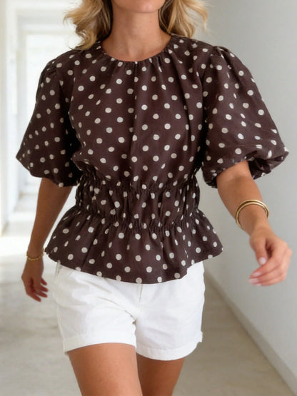 Women's Puff Sleeve Tops Fashionable Dot Print Round Neck Cinched Waist Blouse For Casual Daily Wear