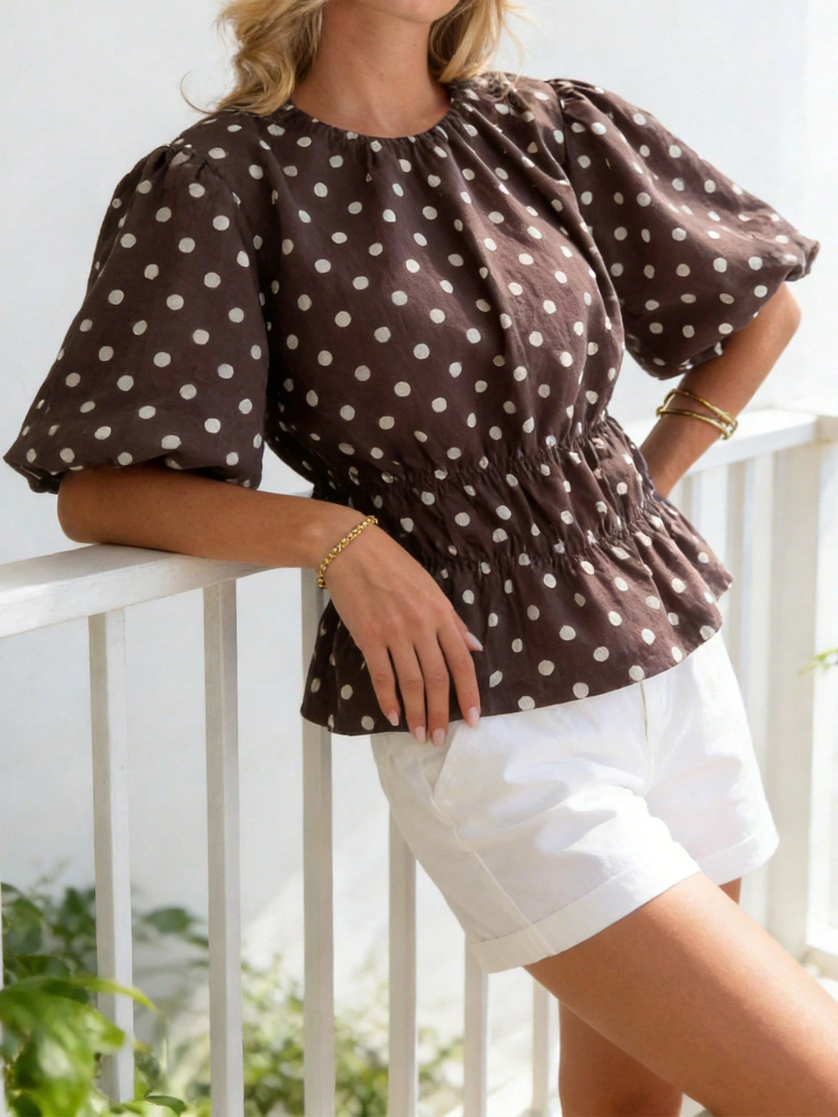 Women's Puff Sleeve Tops Fashionable Dot Print Round Neck Cinched Waist Blouse For Casual Daily Wear