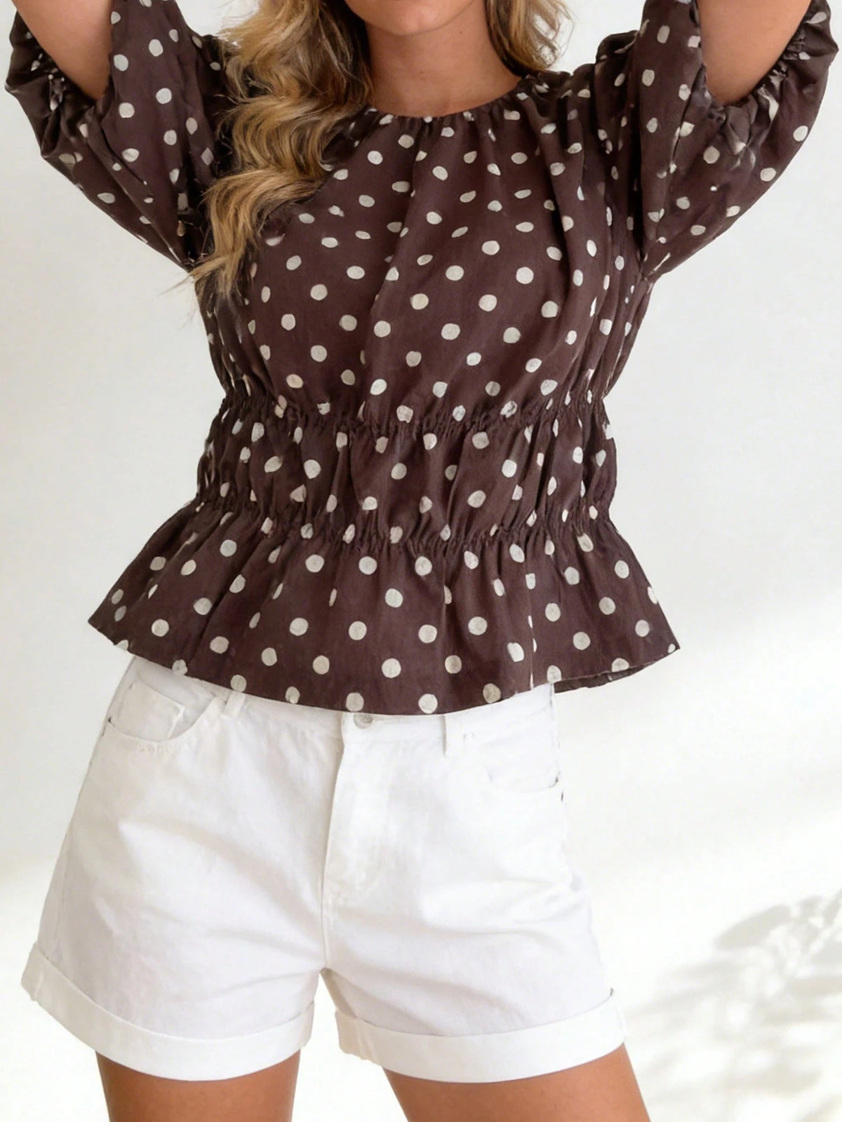 Women's Puff Sleeve Tops Fashionable Dot Print Round Neck Cinched Waist Blouse For Casual Daily Wear