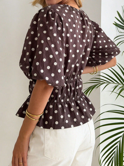 Women's Puff Sleeve Tops Fashionable Dot Print Round Neck Cinched Waist Blouse For Casual Daily Wear