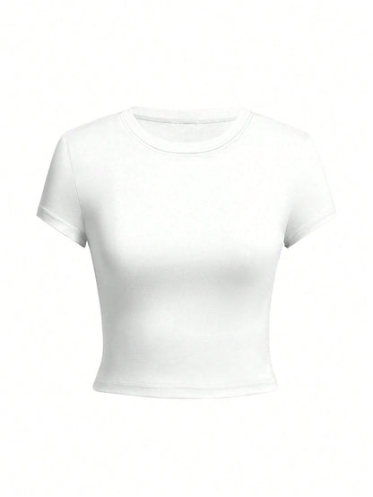 Women's Round Neck Short Sleeve T-Shirt, New Summer Fashion Solid Color Casual Fitted Cropped Top
