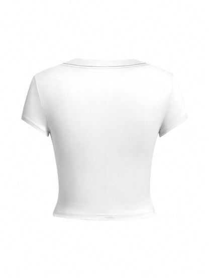 Women's Round Neck Short Sleeve T-Shirt, New Summer Fashion Solid Color Casual Fitted Cropped Top