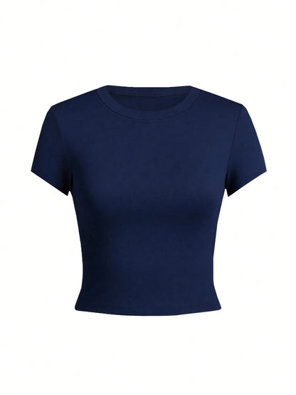 Women's Round Neck Short Sleeve T-Shirt, New Summer Fashion Solid Color Casual Fitted Cropped Top