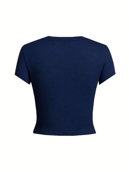 Women's Round Neck Short Sleeve T-Shirt, New Summer Fashion Solid Color Casual Fitted Cropped Top