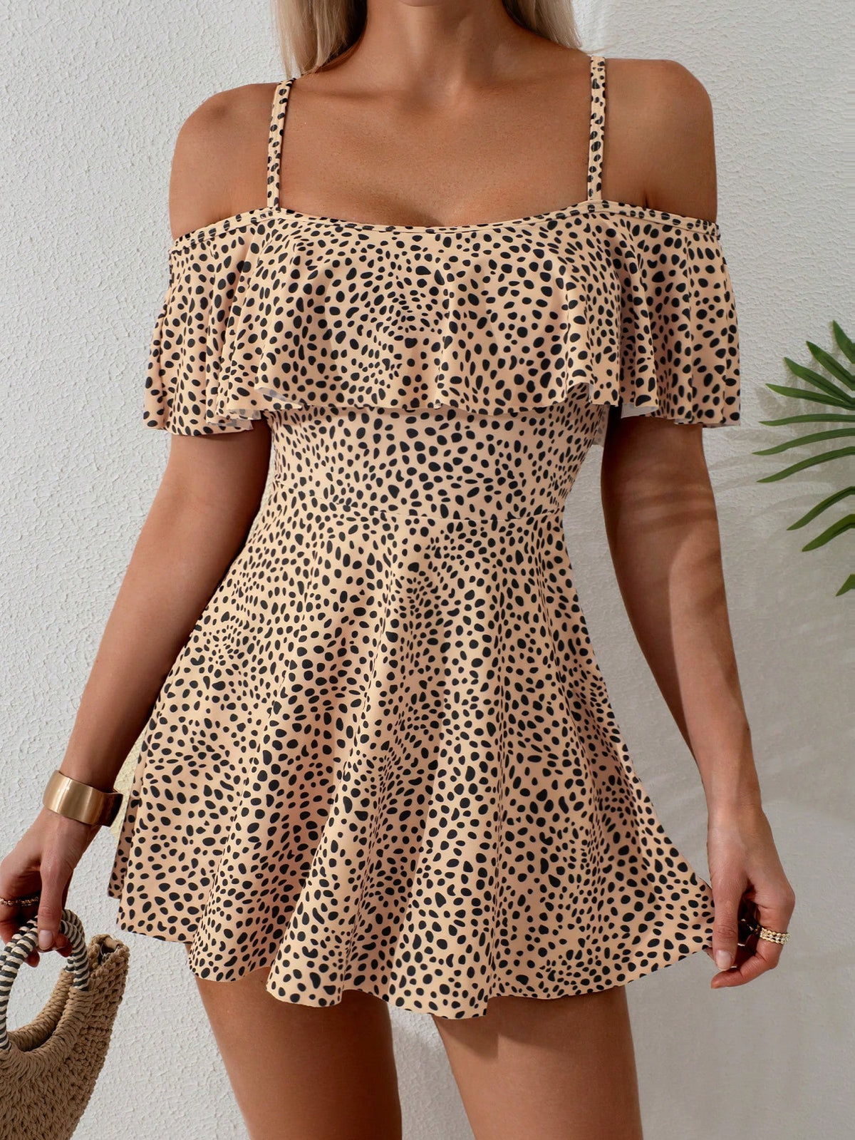 Women's Ruffled Asymmetric Hem Animal & Floral Print Design Spaghetti Strap Swimsuit Two Pieces Set, Summer Beach Party Holiday Style