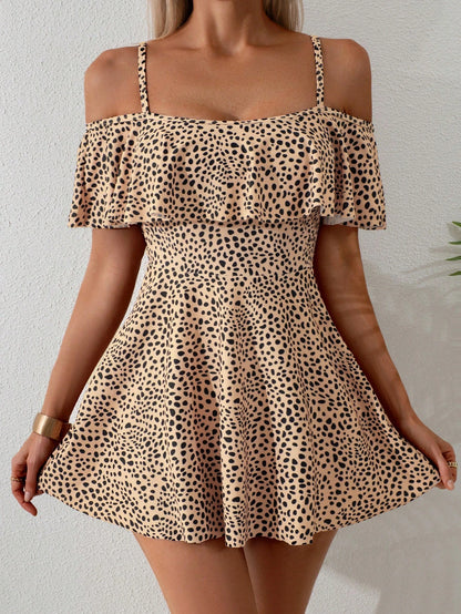 Women's Ruffled Asymmetric Hem Animal & Floral Print Design Spaghetti Strap Swimsuit Two Pieces Set, Summer Beach Party Holiday Style