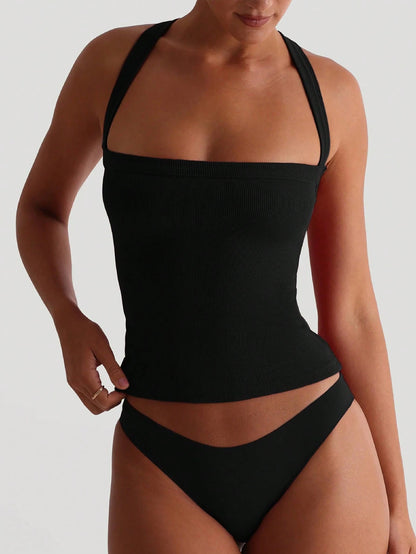 Women's Sexy Open Back Knit Camisole Top, Black, Elastic Casual Fitted Strapless Vest, Back To School Season Summer