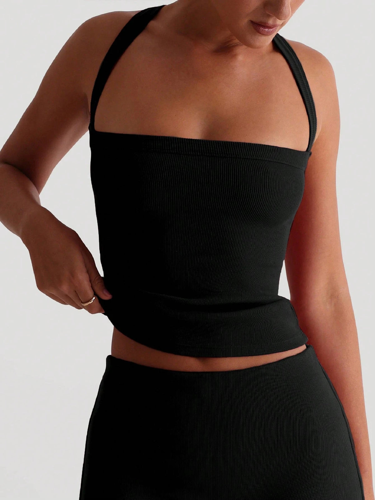 Women's Sexy Open Back Knit Camisole Top, Black, Elastic Casual Fitted Strapless Vest, Back To School Season Summer