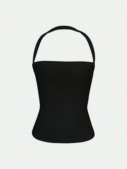 Women's Sexy Open Back Knit Camisole Top, Black, Elastic Casual Fitted Strapless Vest, Back To School Season Summer