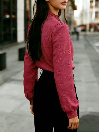 Women's Solid Color Long Sleeve Shirt With Floral Embroidery, Lapel Collar Casual Business Top, Suitable For Office, Work, Home, Daily Wear, All Seasons
