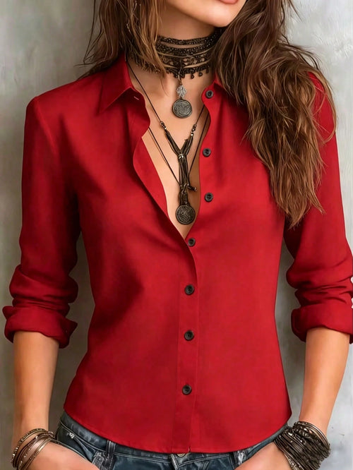 Women's Solid Color Long Sleeve Shirt, Featuring A Collared Design To Showcase A Professional And Capable Demeanor, Made Of Comfortable Fabric.