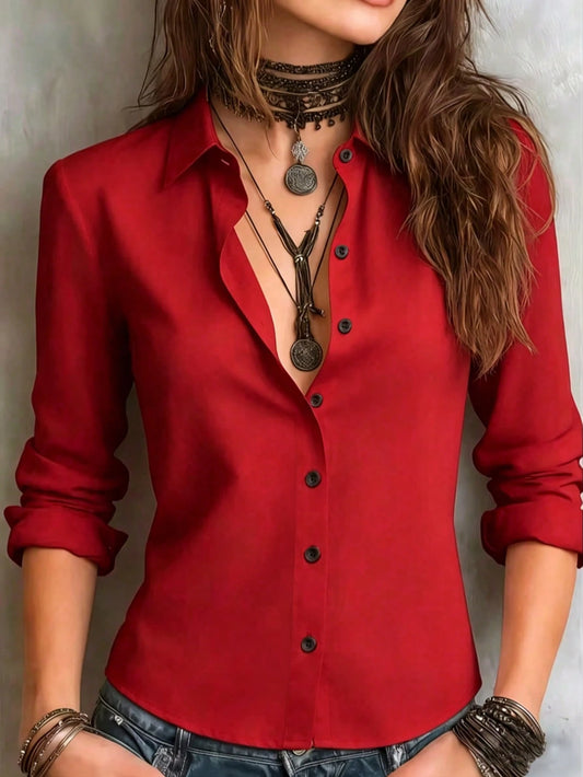 Women's Solid Color Long Sleeve Shirt, Featuring A Collared Design To Showcase A Professional And Capable Demeanor, Made Of Comfortable Fabric.