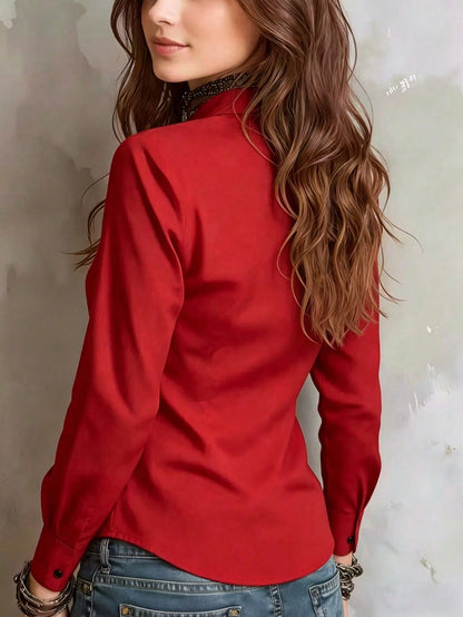Women's Solid Color Long Sleeve Shirt, Featuring A Collared Design To Showcase A Professional And Capable Demeanor, Made Of Comfortable Fabric.