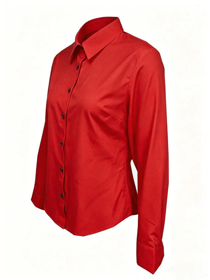 Women's Solid Color Long Sleeve Shirt, Featuring A Collared Design To Showcase A Professional And Capable Demeanor, Made Of Comfortable Fabric.