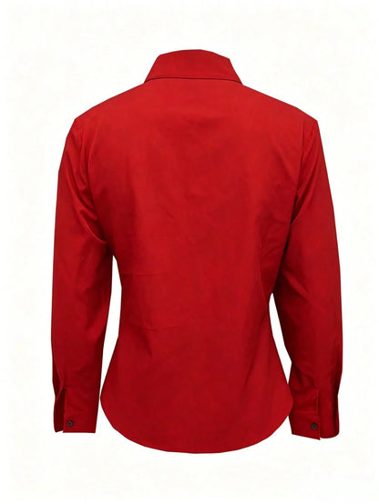 Women's Solid Color Long Sleeve Shirt, Featuring A Collared Design To Showcase A Professional And Capable Demeanor, Made Of Comfortable Fabric.