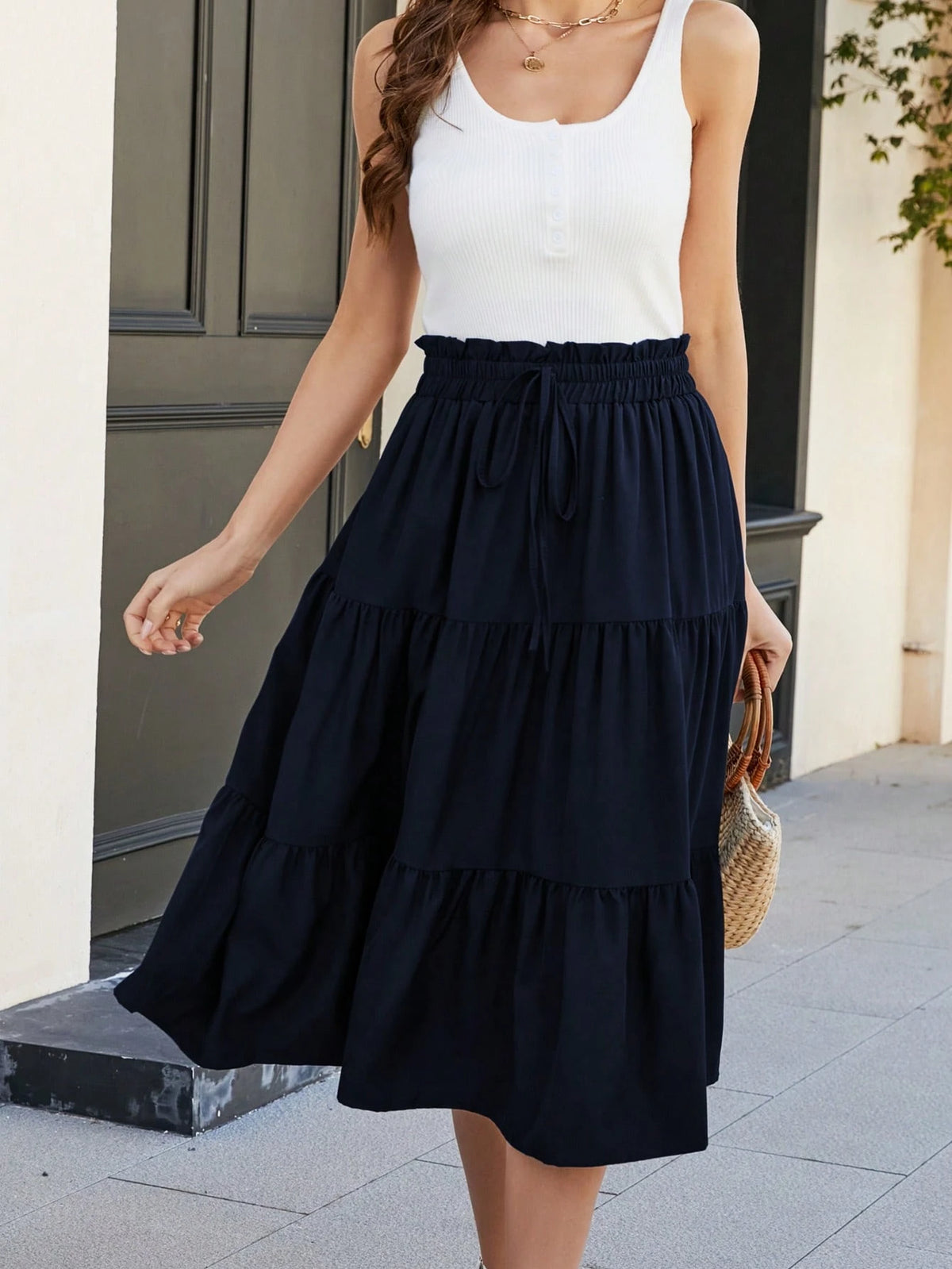 Women's Solid Color Pleated Elastic Waist Casual Skirt Spring