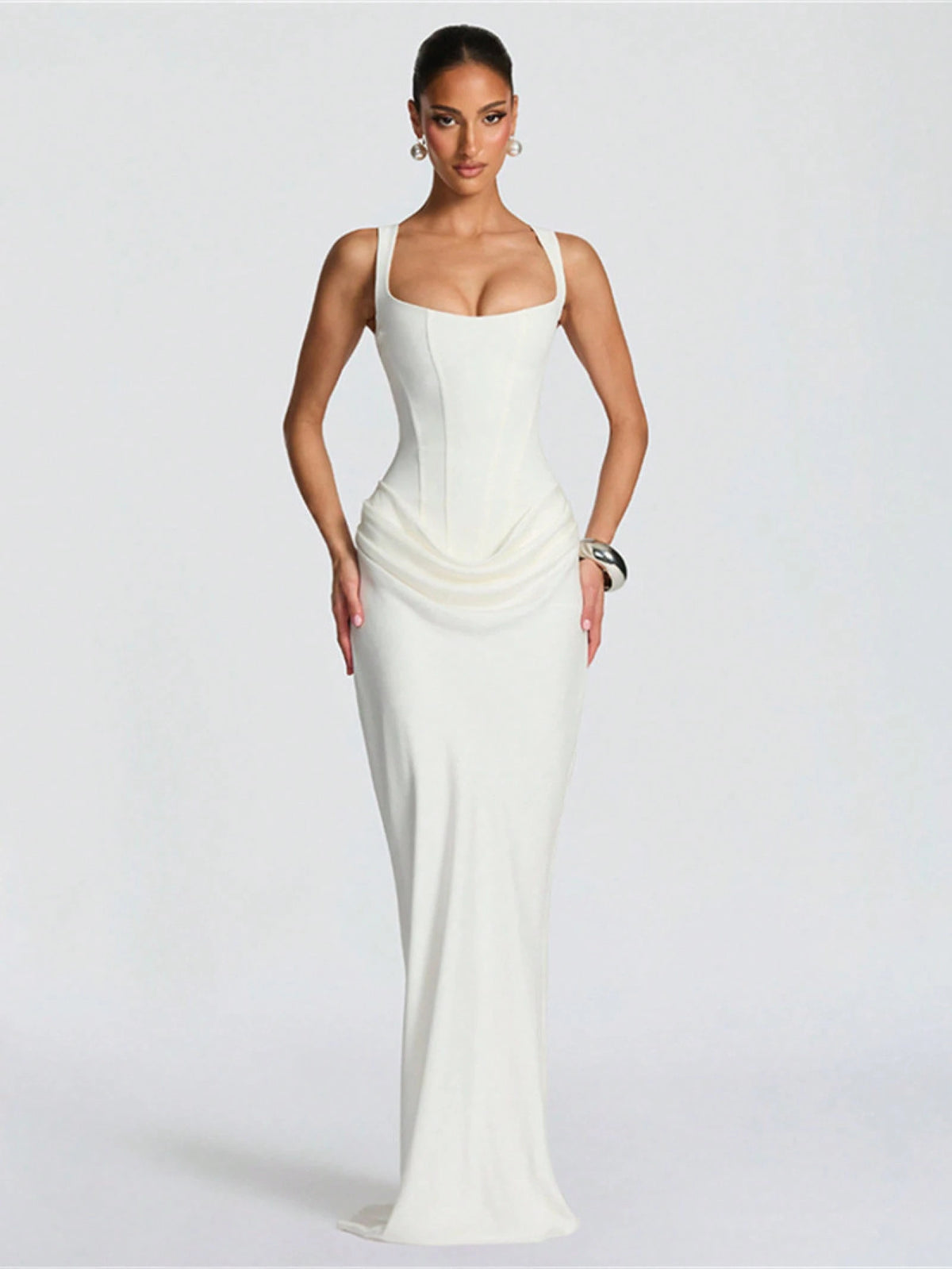 Women's Solid Color Sexy Bodycon Dress, Sleeveless Square Neck Ruched Maxi Gown, Elegant Formal Evening Party Dress