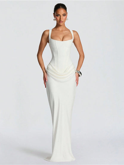 Women's Solid Color Sexy Bodycon Dress, Sleeveless Square Neck Ruched Maxi Gown, Elegant Formal Evening Party Dress