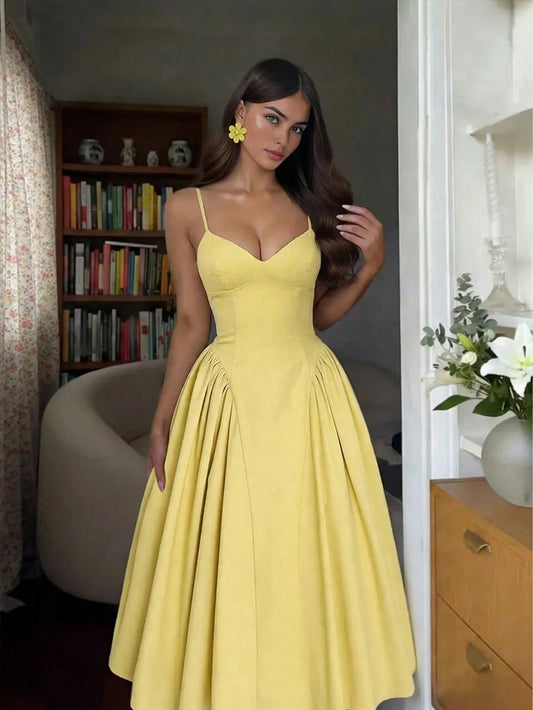 Women's Solid Color Side Splice Ruched Bust Cup Sexy Elegant Elegant Fashion Vacation Wedding Party Spaghetti Strap Dress Summer Yellow