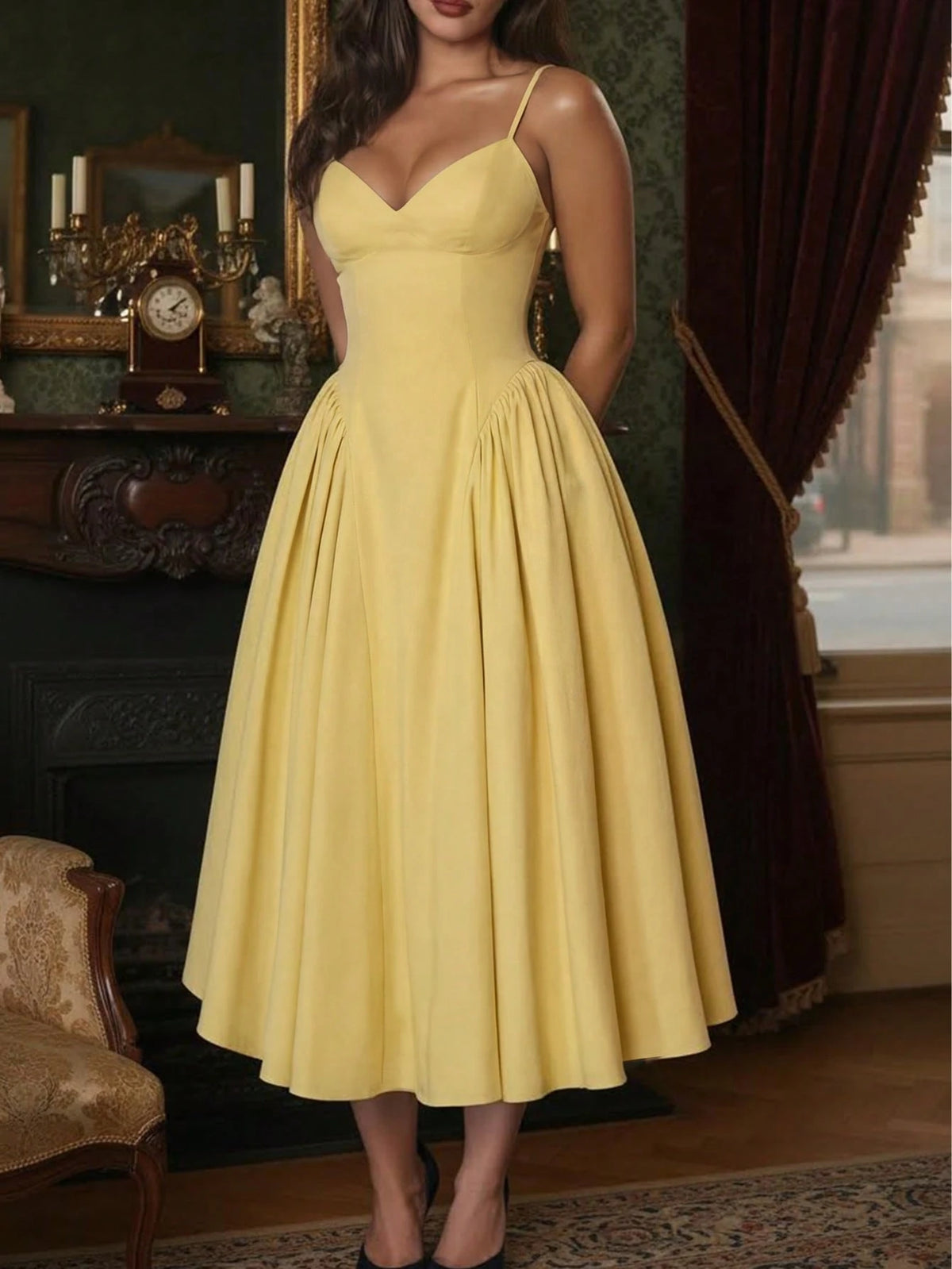 Women's Solid Color Side Splice Ruched Bust Cup Sexy Elegant Elegant Fashion Vacation Wedding Party Spaghetti Strap Dress Summer Yellow