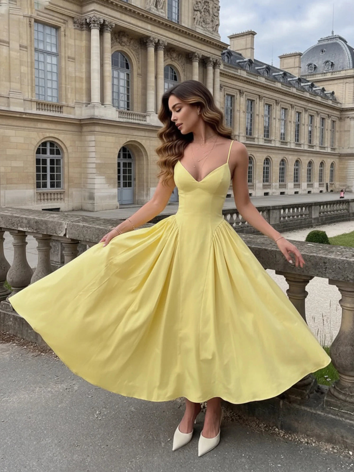 Women's Solid Color Side Splice Ruched Bust Cup Sexy Elegant Elegant Fashion Vacation Wedding Party Spaghetti Strap Dress Summer Yellow